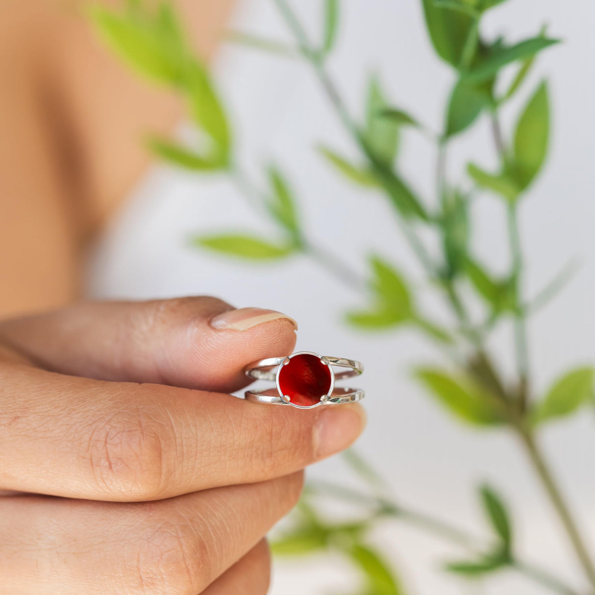 Bottled Up Designs Handmade Double Band Adjustable Ring, Recycled Bottle Glass, Sterling Silver, Eco Friendly, Made in USA, Birthday Gift, Mothers Day, Anniversary (Red 1940s Beer Bottle)