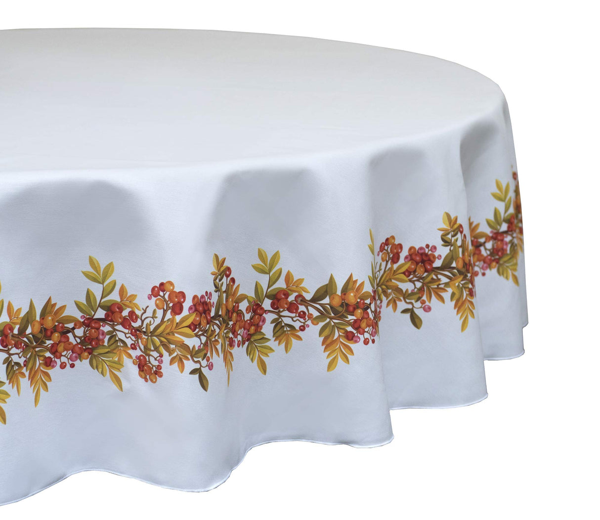 Fabric Textile Products Round Tablecloth, 100% Milliken Polyester, Machine Washable, 90" Round, Christmas Garland Border