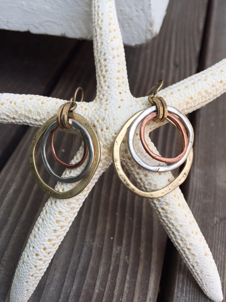 Handmade Sunrise Tricolor Dangle Earrings - Burnished Circles, Copper, Brass and Silverplated