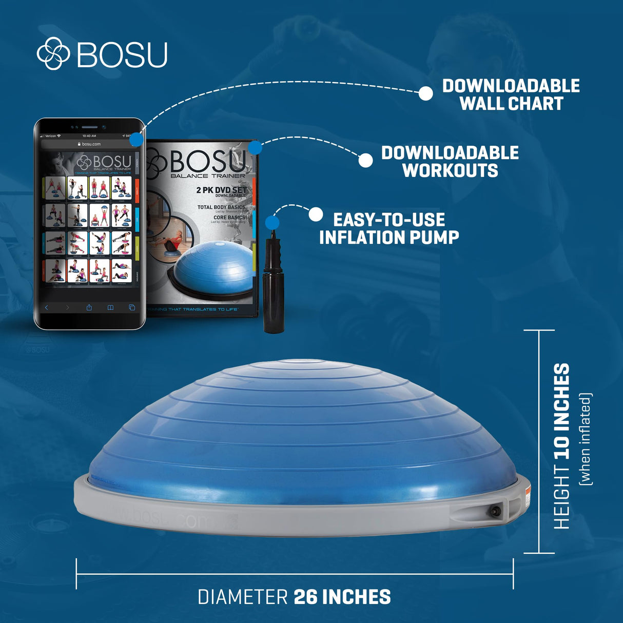 Bosu Pro Multi Functional Home Gym Full Body Balance Strength Trainer Ball Equipment with Guided Workouts and Pump