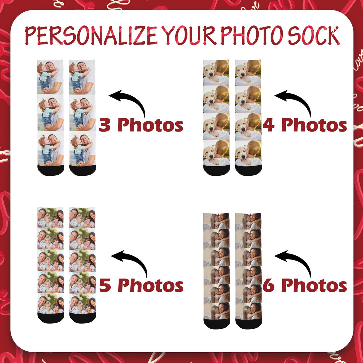 Custom Face Socks with Photo Novelty Crew Socks, Personalized Red Hearts Unisex Crew Sock Gifts for Men Women Made in USA