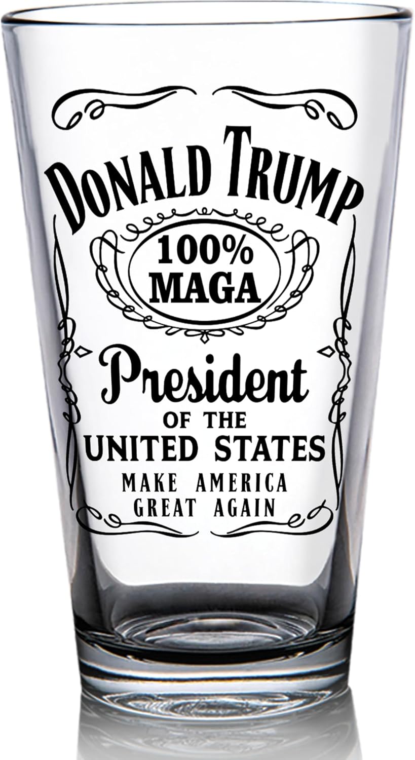 Donald Trump Christmas Gift 100% MAGA Label 16 oz Pint Glass for Dad, Gift for Husband, Stepfather Gift Idea, Unique Gifts for Men, Trump Merch (101-15182-D)