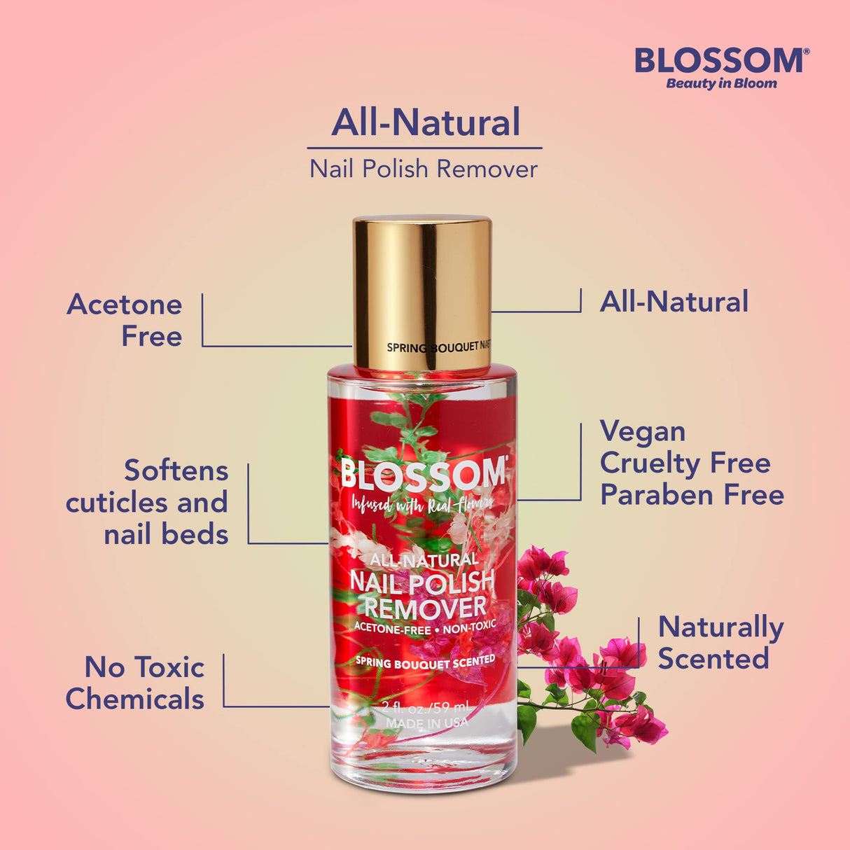 Blossom All Natural Acetone Free Nail Polish Remover, Scented, Organic Plant-Based, Vegan, Cruelty Free, Infused with Real Flowers, 2 fl. oz., Spring Bouquet