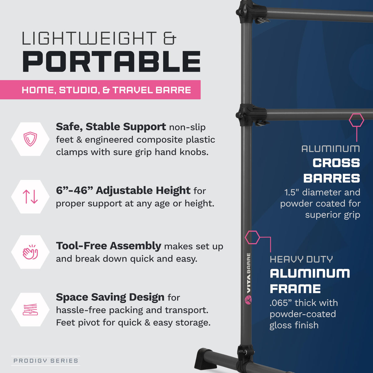 VITA Barre Portable Freestanding Double Ballet Barre, Prodigy, with Carry Bag | Adjustable Height, USA Made, Home or Gym Exercise Equipment for Kids & Adults | Dance, Fitness, Pilates