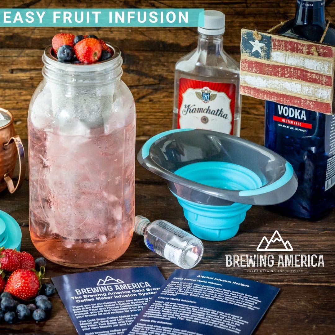 Brewing America Mason Jar Cold Brew Coffee Maker Infuser: Made in USA Wide Mouth Mason Jar with Screw Top Pour and Drinking Lid, Stainless Steel Filter - Coffee, Tea, Alcohol - 2 Quart 64 oz Blue Lid