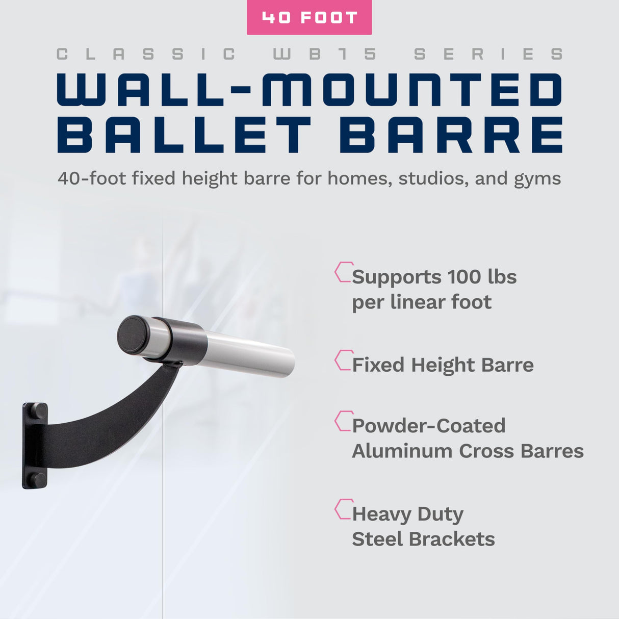 Wall-Mounted Single Ballet Barre, Classic WB15, Aluminum | Fixed Height, Made in USA, Home, Studio or Gym Exercise Equipment for Kids & Adults | Dance, Fitness, Pilates