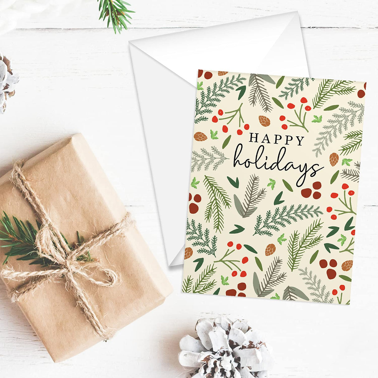 Painted Kraft Style Holiday Cards / 24 Modern Christmas Note Cards With White Envelopes / 4 5/8" x 6 1/4" Illustrated Faux Kraft Greeting Cards / 6 Cheery Winter Designs/Made In The USA