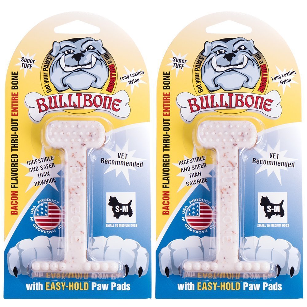 Bullibone Nylon Dog Chew Toy Nylon Bone - Improves Dental Hygiene, Easy to Grip Bottom, and Permeated with Flavor (Bacon, Large - 2 Pack)