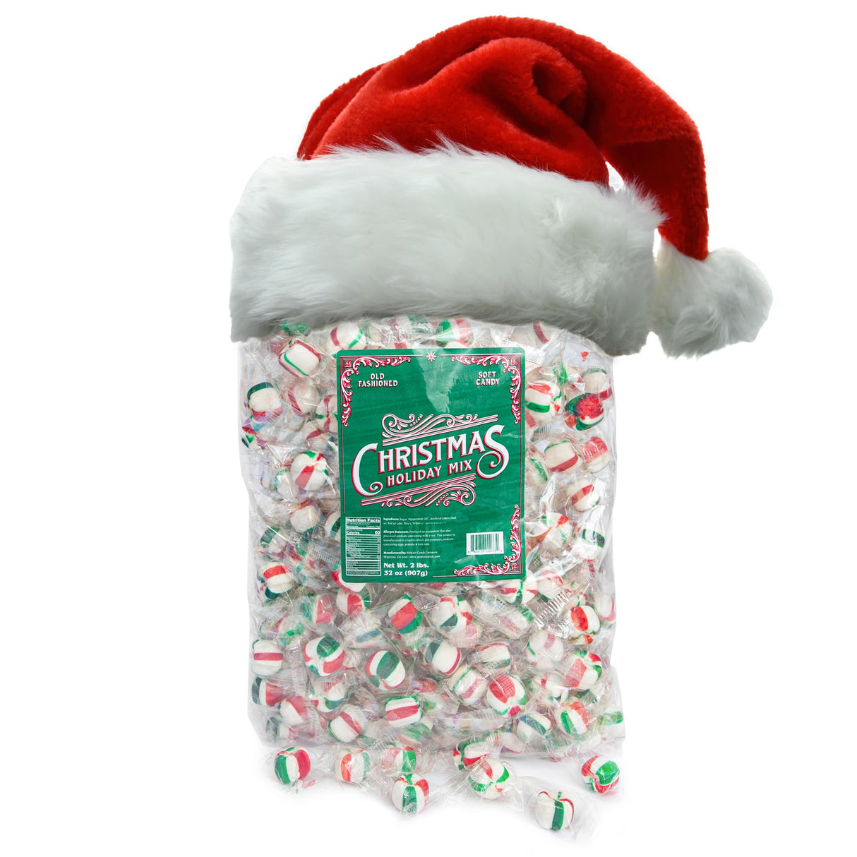 Stewart Christmas Holiday Mix - Red & Green Striped Soft Peppermint Puffs, Festive Peppermint Candy | Individually Wrapped Christmas Candy Bulk Pack [2lb Bag] - Perfect for Holiday Bowls - Made in USA