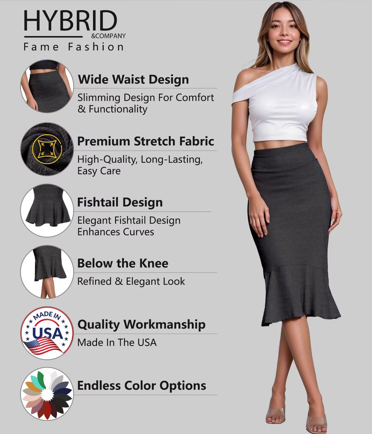 Hybrid & Company Womens Premium Nylon Ponte Stretch Office Fishtail Pencil Skirt High Waist Made in The USA Below Knee