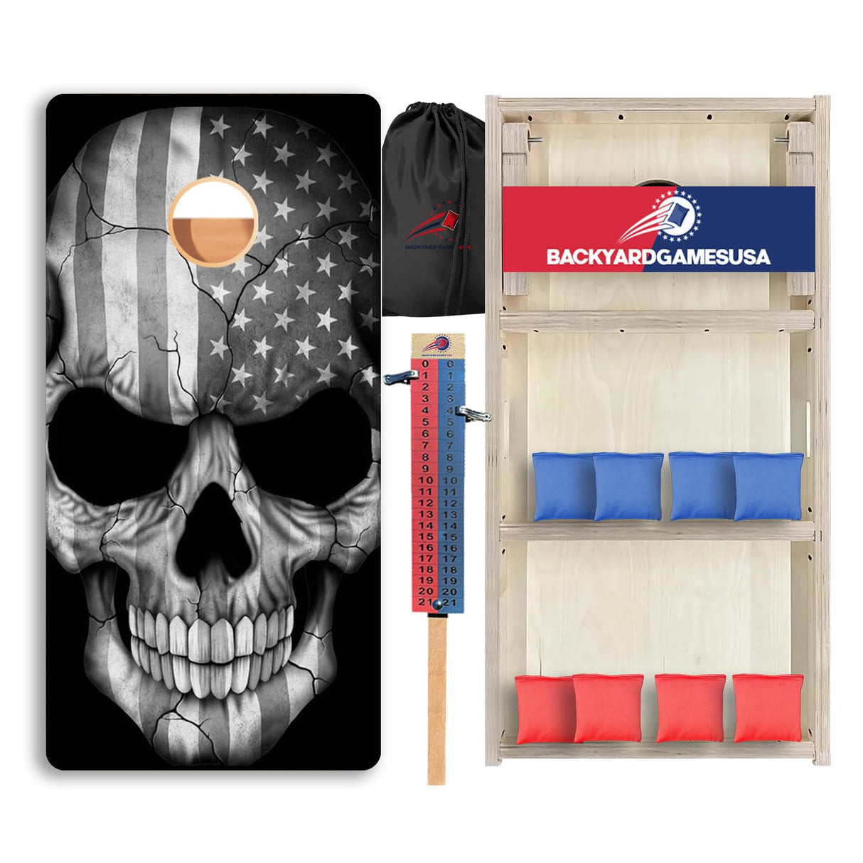 BackYardGamesUSA Pro Cornhole Boards Set | Made in USA | 3/4 Baltic Birch | No Bounce | Triple Thick Legs | Two Brace & Handles, Tournament 2x4 Regulation Set with Score Tower & Cornhole Bags