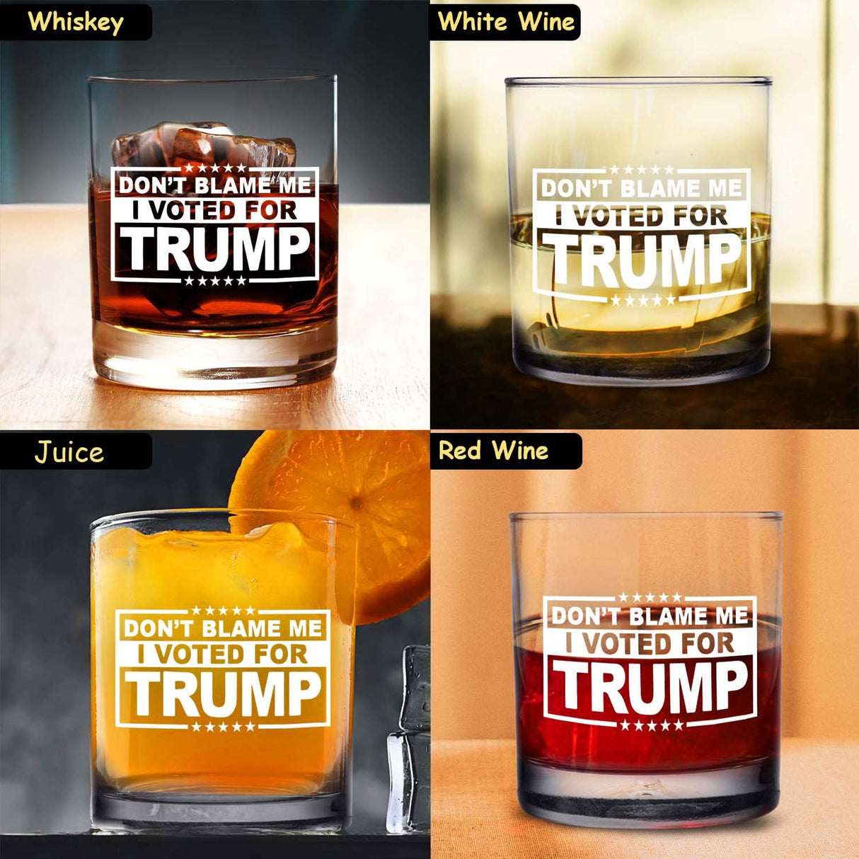 Don’t Blame Me, I Voted for Trump-Funny Whiskey Bourbon Scotch Glass 11oz- Great Gift for Dad, Mom, GOP, Conservative, Political Collector, Rocks Glass- USA Made.