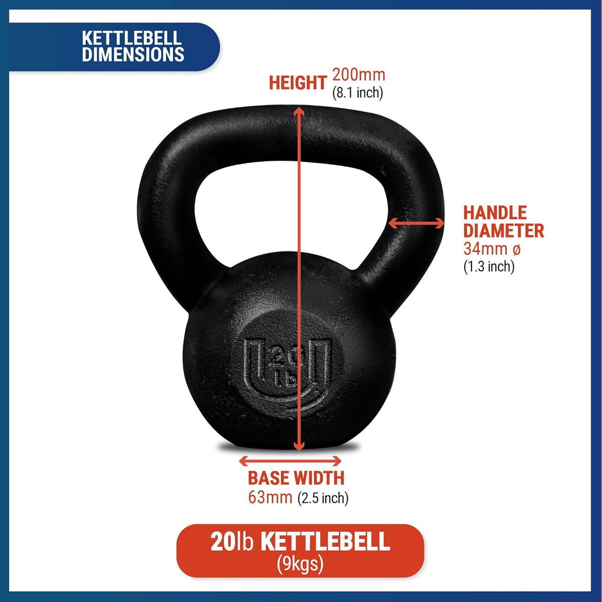 POWDERCOATED Kettlebell [Weight 20lb, 9kg] Kettlebells for Men and Women with Wide Grip Handle – – Kettle Bell Core Fitness, Home Gym, Strength Training, Fitness Equipment, Muscle Building