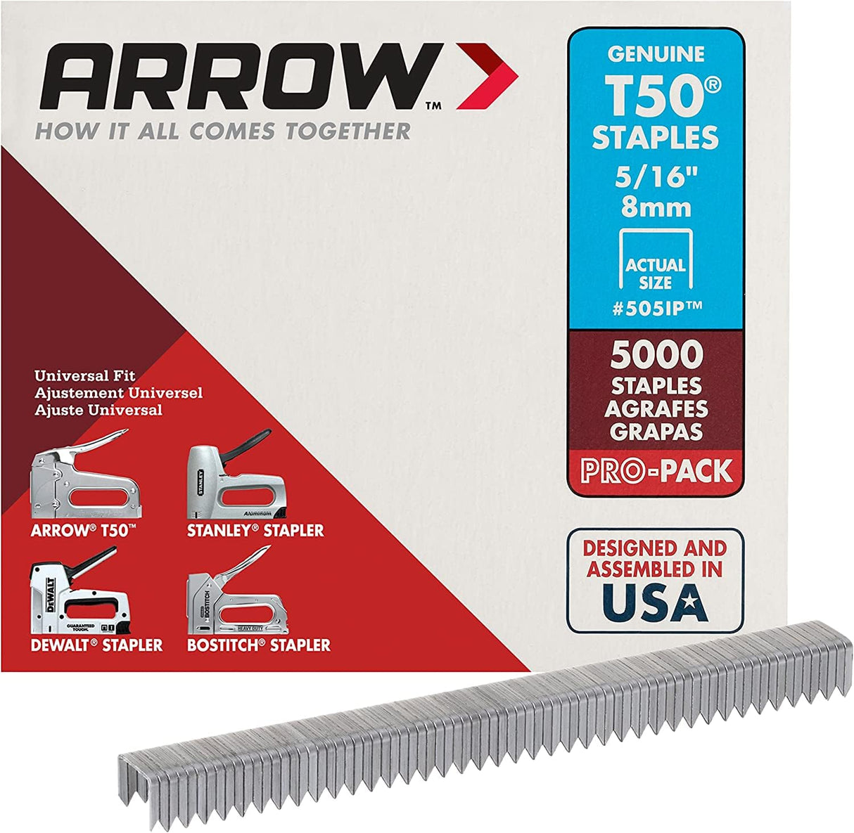 Arrow Fastener 505IP Heavy Duty T50 Staples for Upholstery, Construction, Furniture, Crafts, 3/8-Inch Crown Size, 5/16-Inch Leg Length, 5000-Pack, Made in the USA