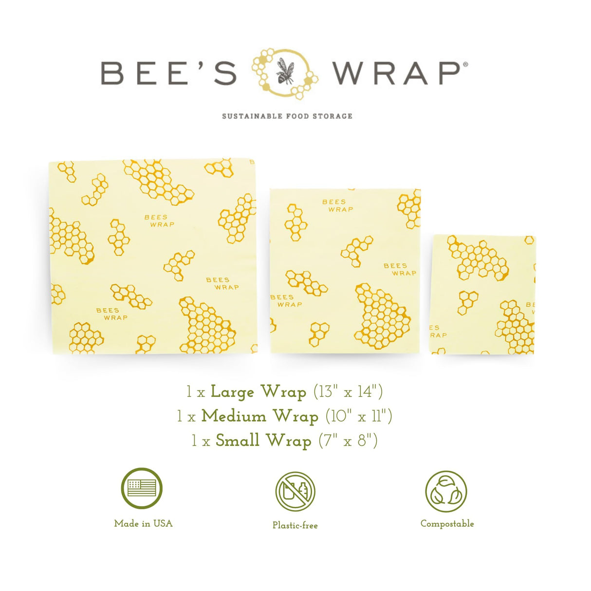 Bee's Wrap Reusable Beeswax Food Wraps Made in The USA, Eco Friendly Beeswax Wraps for Food, Sustainable Food Storage Containers, Organic Cotton Food Wraps, Assorted 3 Pack (S, M, L), Honeycomb