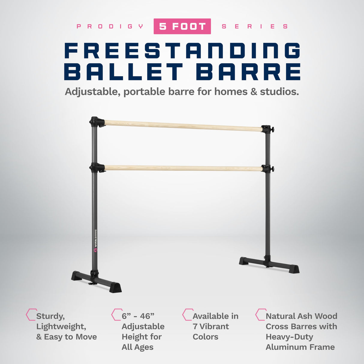 VITA Barre Portable Freestanding Double Ballet Barre, Prodigy, Wood | Adjustable Height, USA Made, Home or Gym Exercise Equipment for Kids & Adults | Dance, Fitness, Pilates