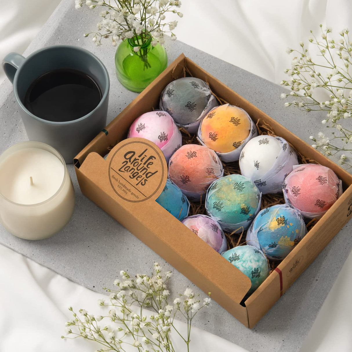 LifeAround2Angels Bath Bombs Gift Set 12 USA made Fizzies, Shea & Coco Butter Dry Skin Moisturize, Perfect for Bubble Spa Bath. Handmade Birthday Mothers day Gifts idea For Her/Him, wife, girlfriend
