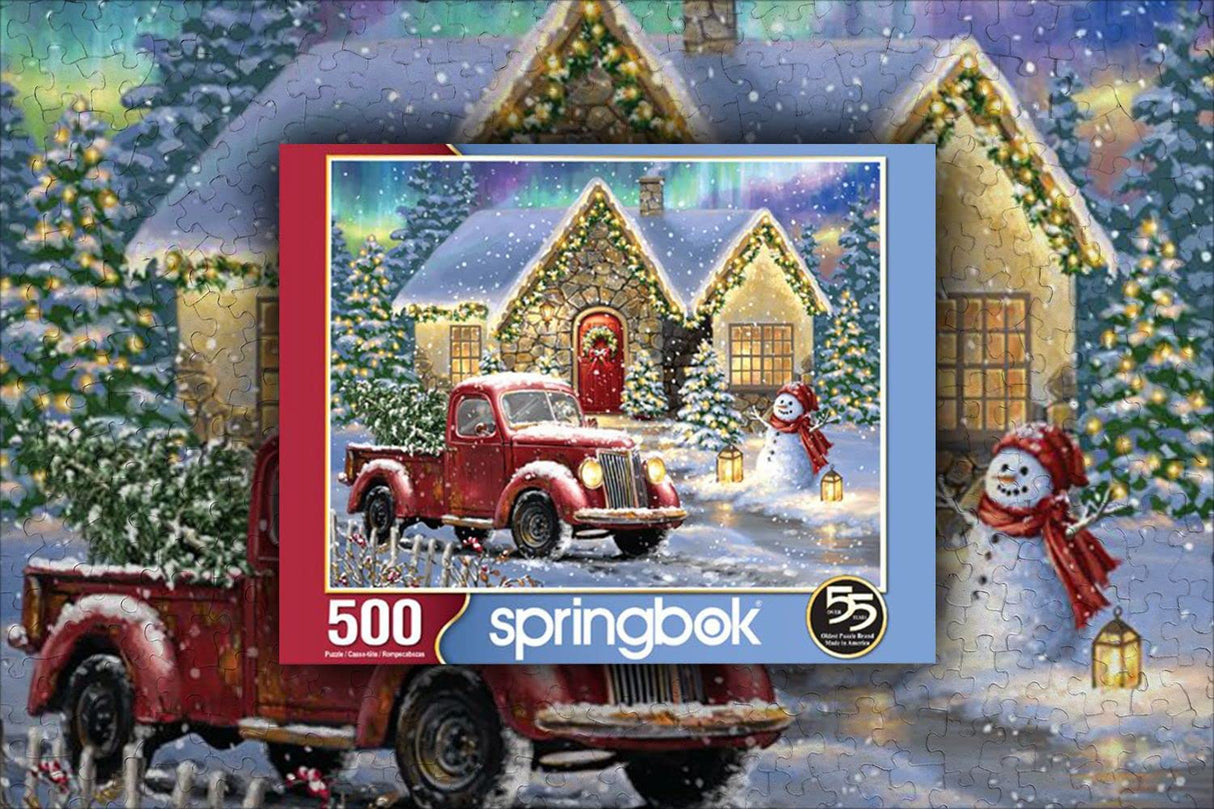 Springbok Christmas Night Lane 500 Piece Jigsaw Puzzle- Perfect for Holiday Family Game Nights- Multicolor Winter Scene with Snowman and Classic Red Truck