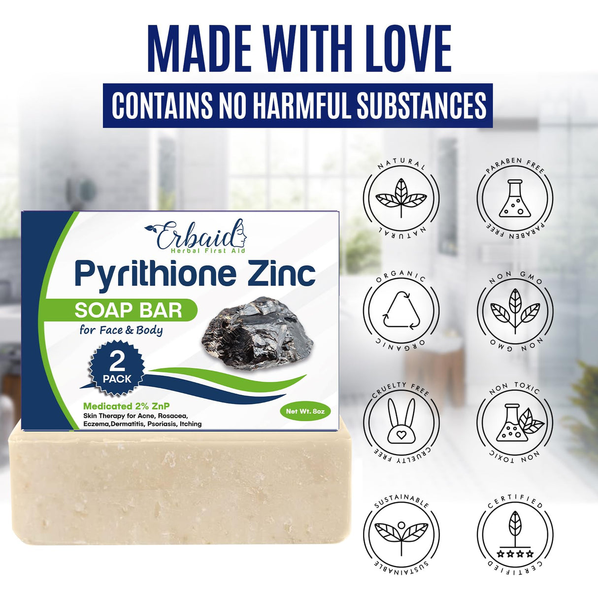 Pyrithione Zinc Soap Bar for Face & Body, 4oz | Medicated 2% ZnP Bar Soap Skin Therapy Cleanser for Acne, Rosacea, Eczema, Dermatitis, Psoriasis, Itching | Cleansing, Calming Facial Wash Made in USA