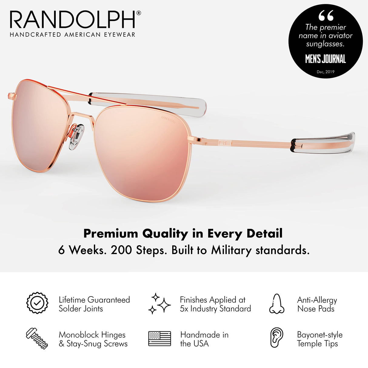 Randolph USA | Gold Classic Aviator Sunglasses for Men or Women 100% UV