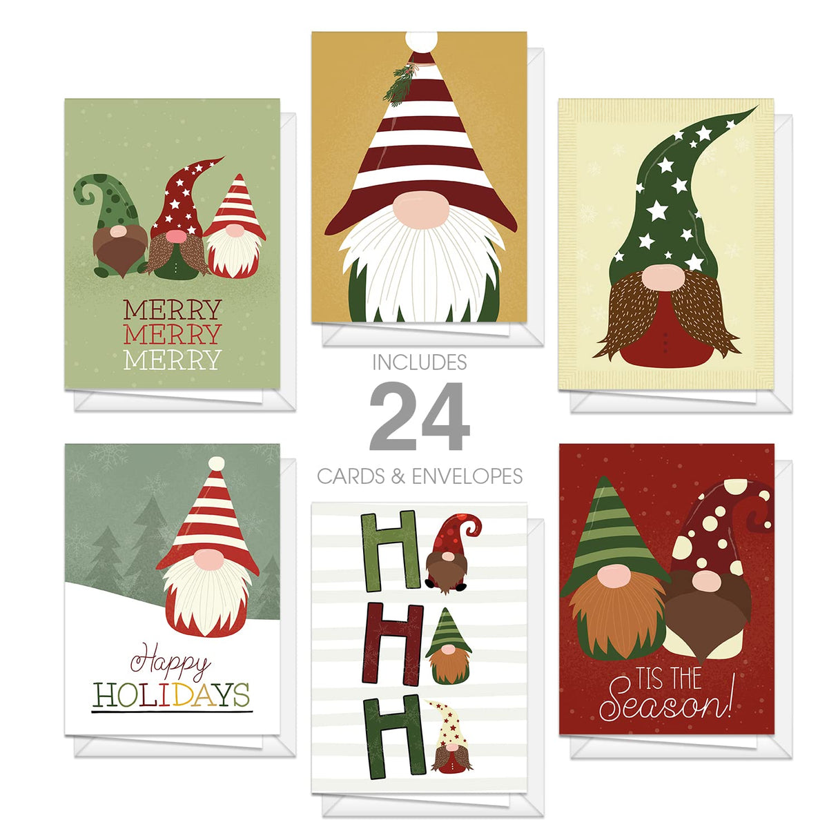 Painted Kraft Style Holiday Cards / 24 Modern Christmas Note Cards With White Envelopes / 4 5/8" x 6 1/4" Illustrated Faux Kraft Greeting Cards / 6 Cheery Winter Designs/Made In The USA