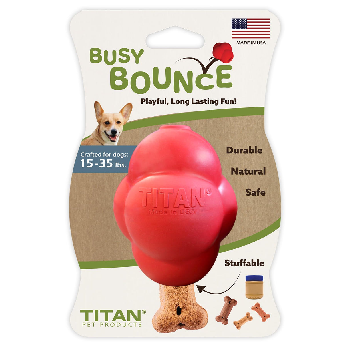 TITAN Busy Bounce, Tough Durable Treat Dispensing Dog Toy with Unpredictable Bounce, Large | Made in USA