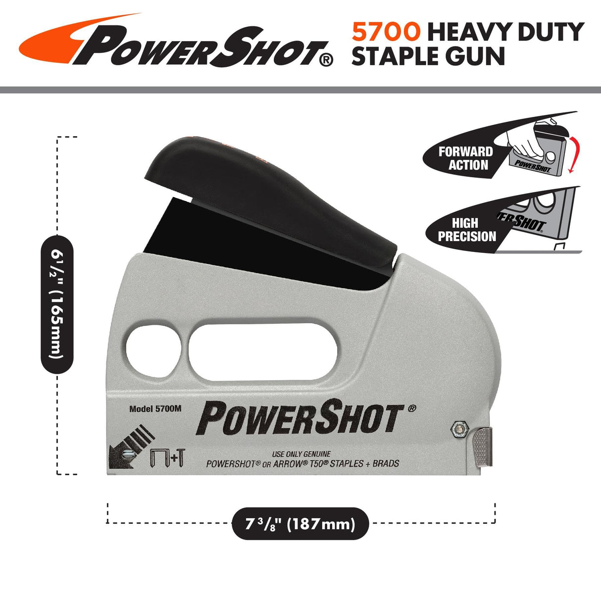 Arrow 5700 PowerShot Heavy Duty 2-In-1 Staple and Nail Gun for Wood, Upholstery, Furniture, Crafts, Fits 1/4", 5/16”, 3/8", 1/2", or 9/16" Staples and 5/8” or 9/16” Brad Nails