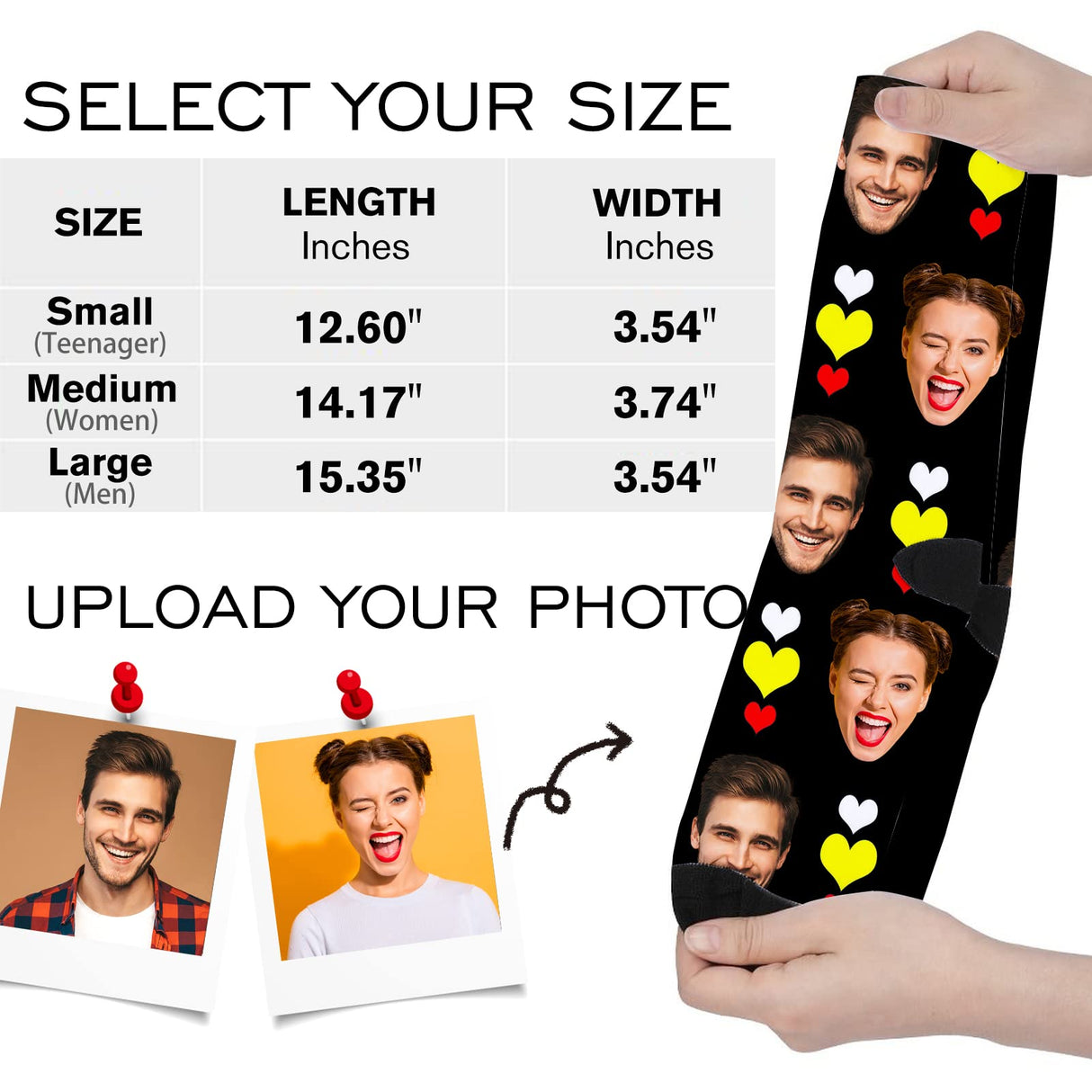 Custom Face Socks with Photo Novelty Crew Socks, Personalized Red Hearts Unisex Crew Sock Gifts for Men Women Made in USA