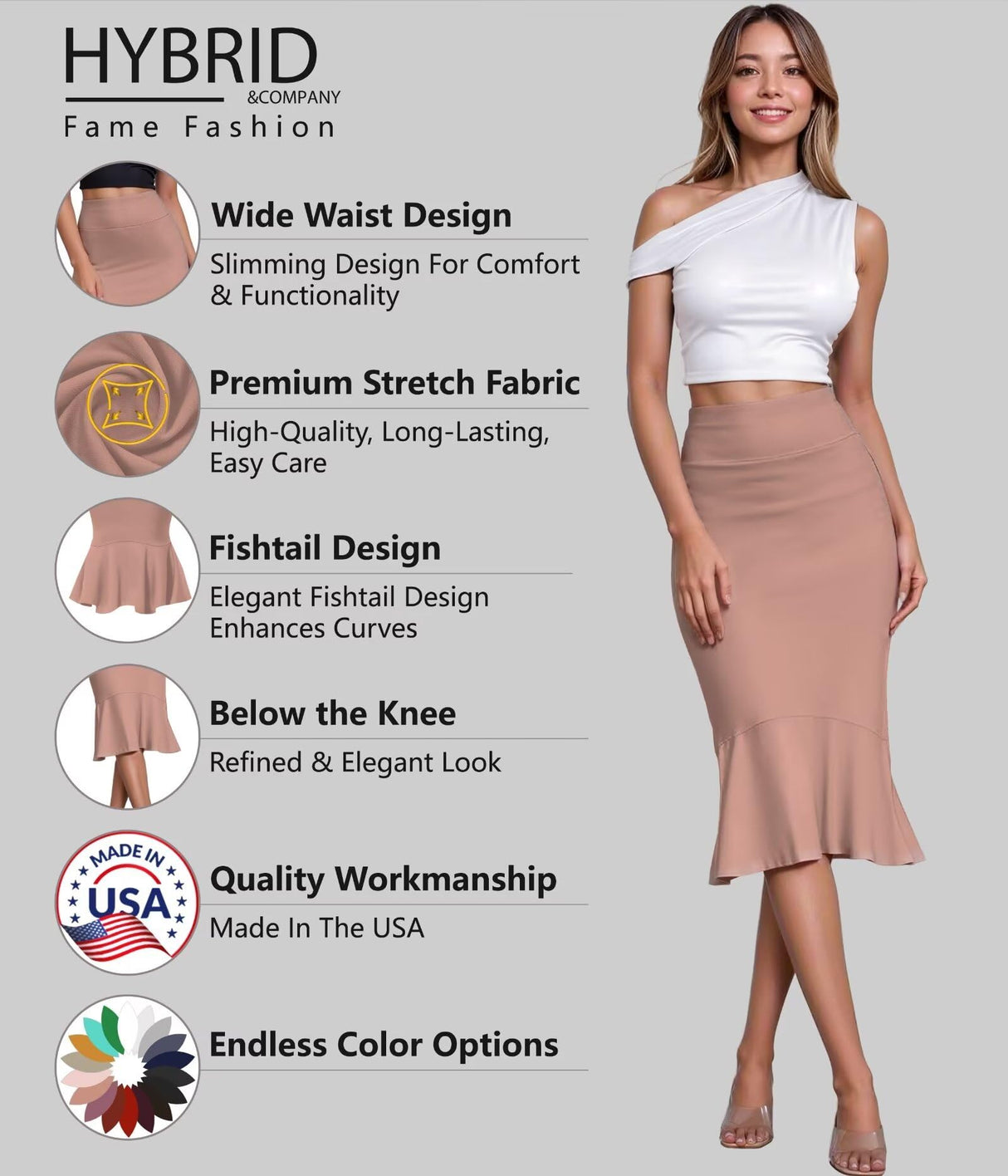 Hybrid & Company Womens Premium Nylon Ponte Stretch Office Fishtail Pencil Skirt High Waist Made in The USA Below Knee