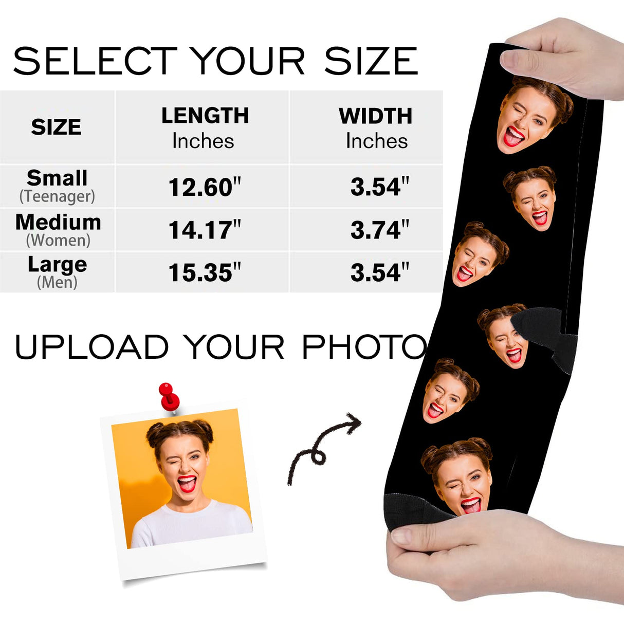 Custom Face Socks with Photo Novelty Crew Socks, Personalized Red Hearts Unisex Crew Sock Gifts for Men Women Made in USA