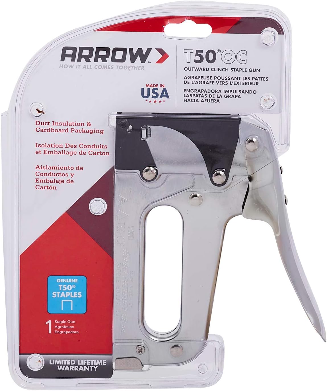 Arrow T50OC Heavy Duty Outward Clinch Staple Gun, Manual Stapler for Packaging and Boxes, Uses T50 Staples in 3/8-Inch, 1/2-Inch, and 9/16-Inch