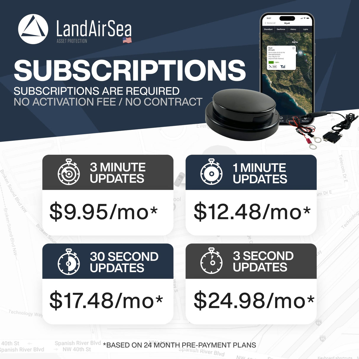 LandAirSea 54 GPS Tracker - Made in the USA from Domestic & Imported Parts. Long Battery, Magnetic, Waterproof, Global Tracking. Subscription Required