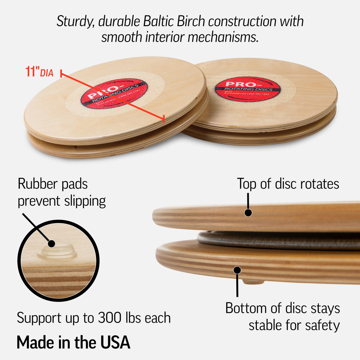 OPTP Pro Rotating Discs (Pair) – 11” Wooden Rotator Discs for Strength and Balance Training, Use as Pilates Discs, a Twist Board for Exercise or Core Workout, and Range of Motion - Made in the USA
