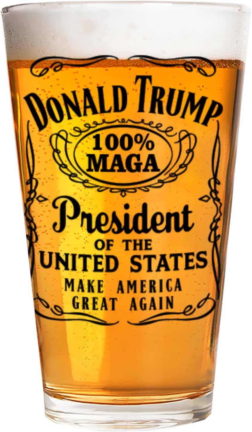 Donald Trump Christmas Gift 100% MAGA Label 16 oz Pint Glass for Dad, Gift for Husband, Stepfather Gift Idea, Unique Gifts for Men, Trump Merch (101-15182-D)