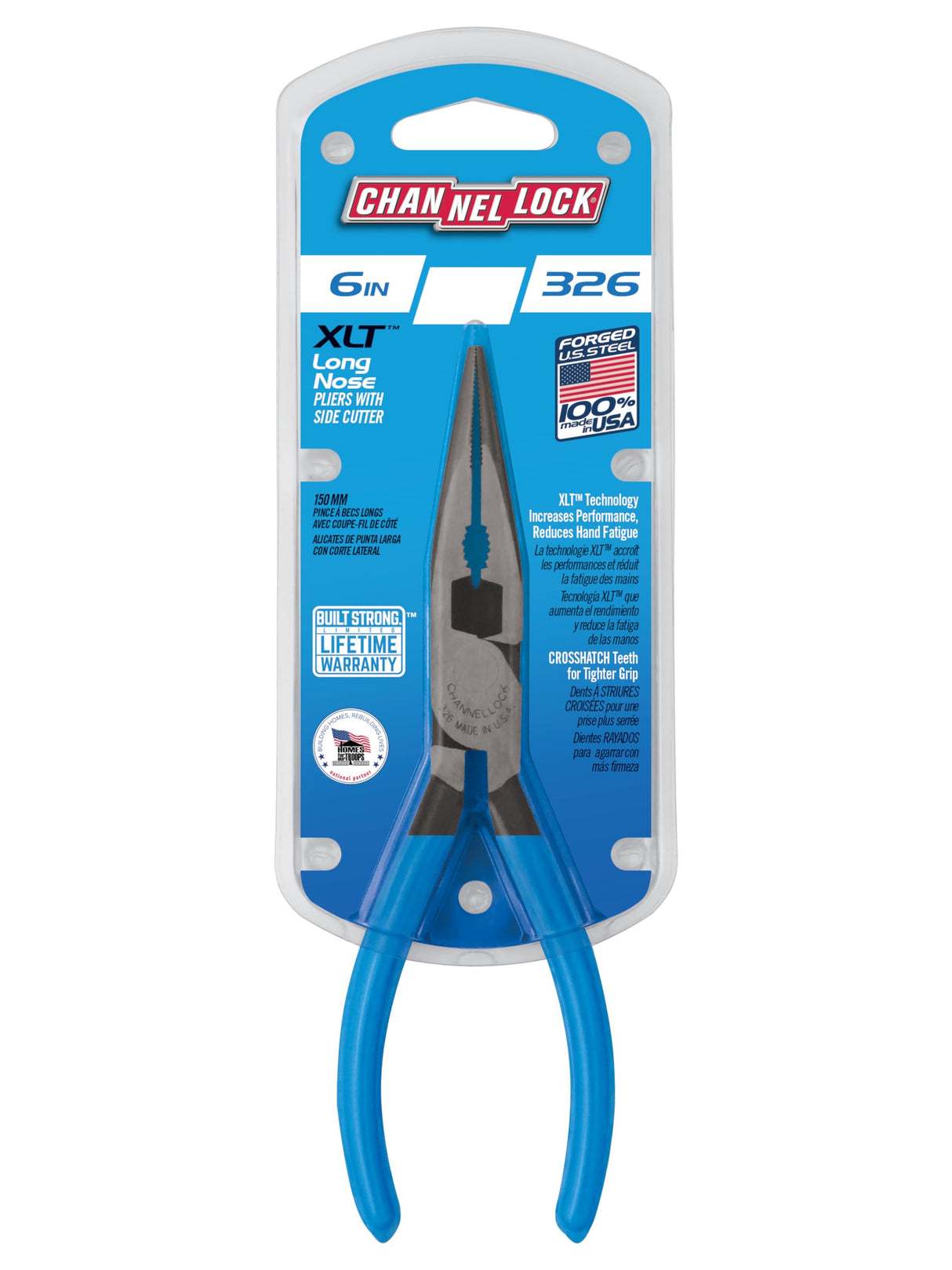 Channellock 326 6-Inch Long Nose Plier with Side Cutter, Blue