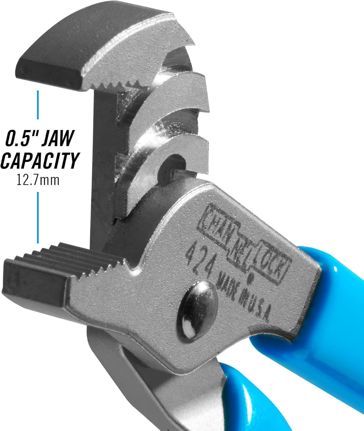 CHANNELLOCK 424 Straight Jaw Tongue & Groove Pliers, 4.5-inch, 1/2-inch Jaw Capacity, 3 Adjustments, 90° Teeth Grip in Both Directions, Made in USA, Polished Steel