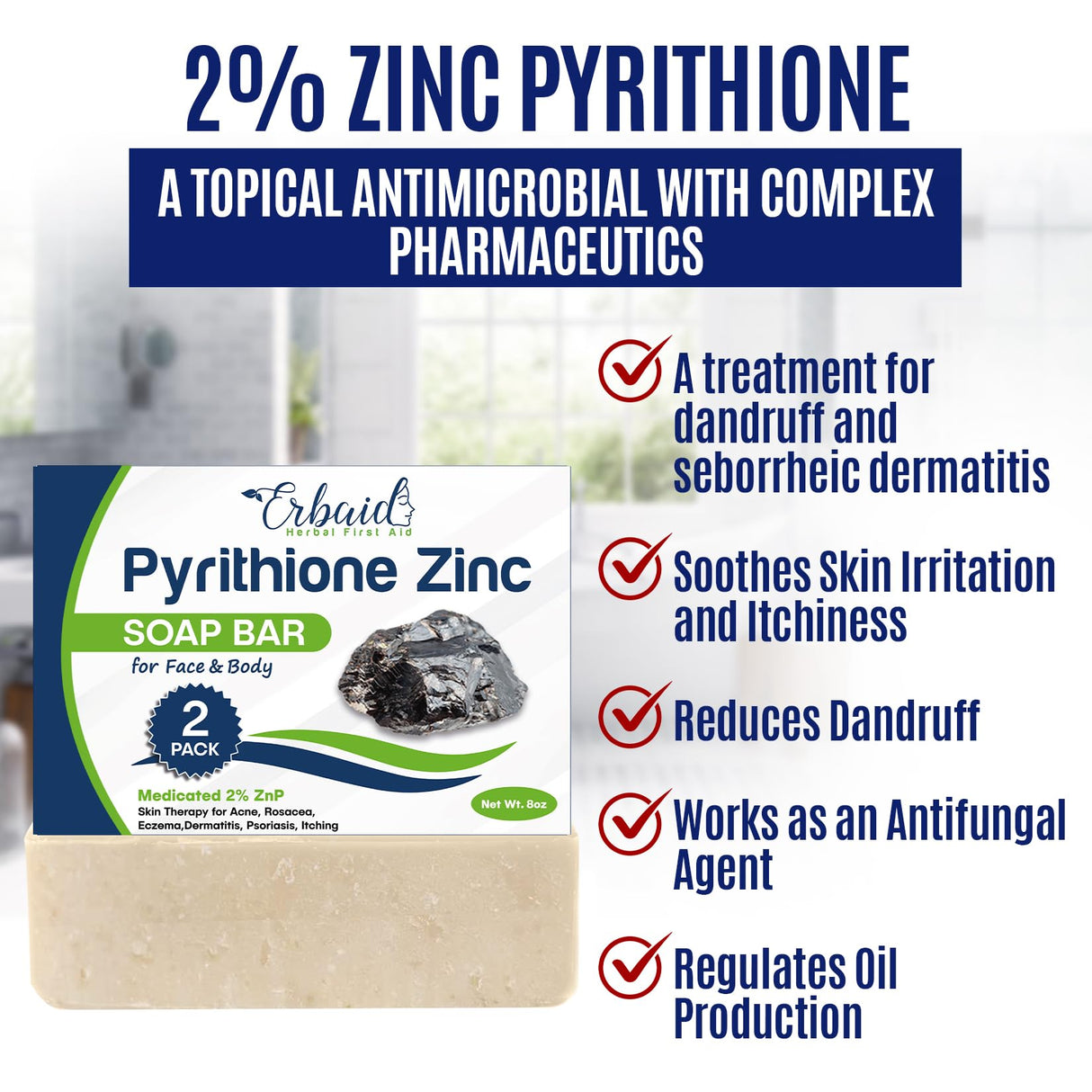 Pyrithione Zinc Soap Bar for Face & Body, 4oz | Medicated 2% ZnP Bar Soap Skin Therapy Cleanser for Acne, Rosacea, Eczema, Dermatitis, Psoriasis, Itching | Cleansing, Calming Facial Wash Made in USA