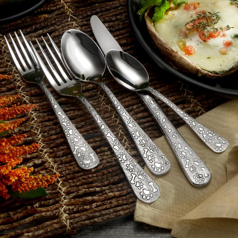 Liberty Tabletop Oliver Puppy 40 Piece Flatware Set Service for 8 Dog Themed Stainless Steel Silverware Made in the USA (40)