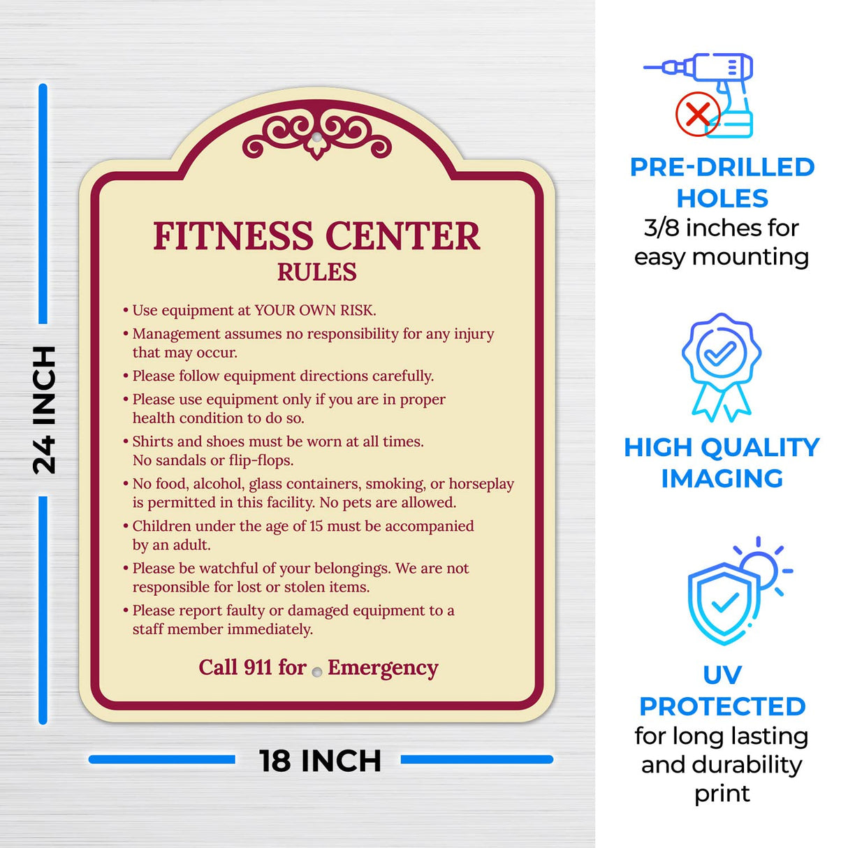 Sigo Signs, Fitness Center Rules Use Equipment at Your Own Risk Décor Sign, Green Light, 12x18 Inches, ACM, Fade Resistant, Made in USA
