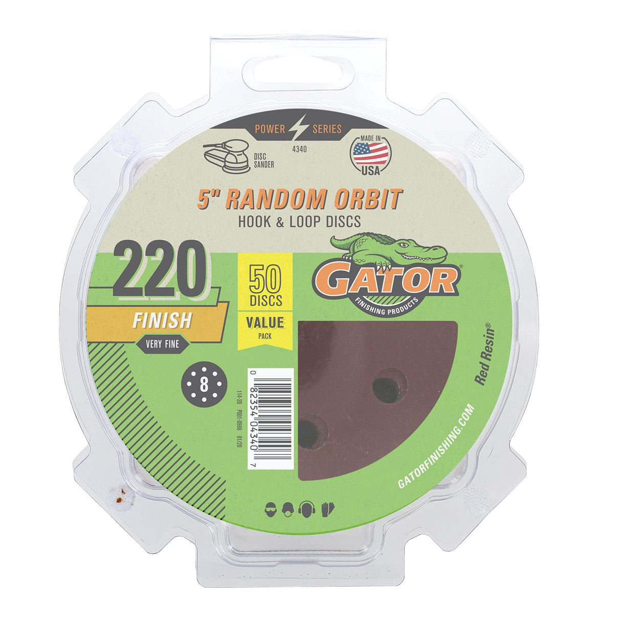 Gator 5" Random Orbit Hook & Loop Red Resin Aluminum Oxide Sanding Discs, 8-Hole, 40 Grit, 50 Pack