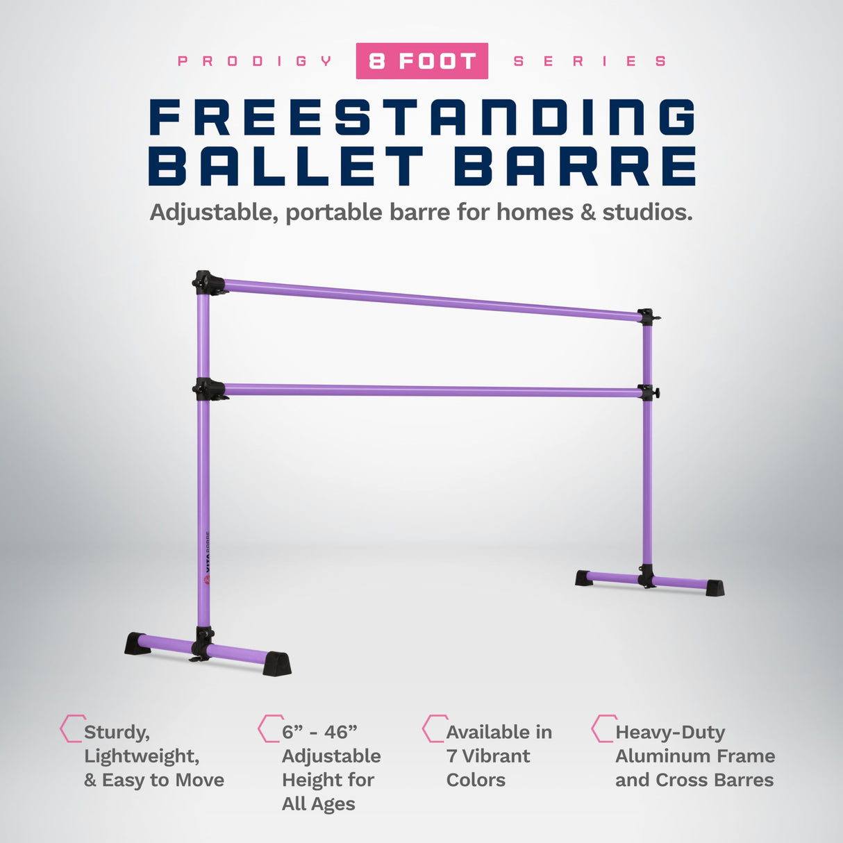 VITA Barre Portable Freestanding Double Ballet Barre, Prodigy, Aluminum | Adjustable Height, USA Made, Home or Gym Exercise Equipment for Kids & Adults | Dance, Fitness, Pilates