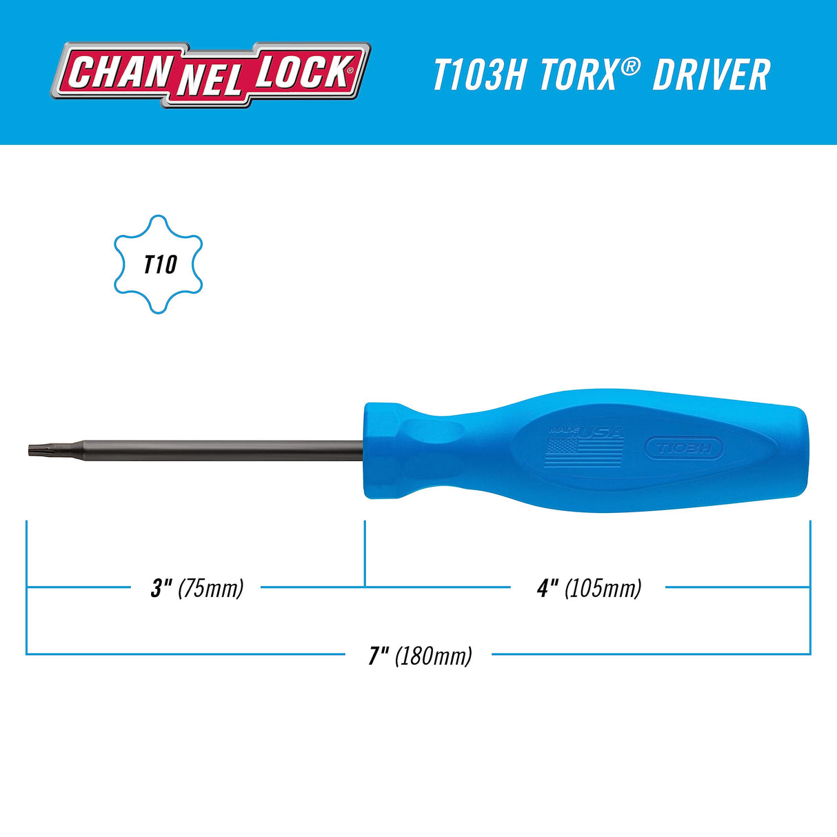 CHANNELLOCK T103H T10 x 3-inch Professional Torx Screwdriver, Magnetic Tip, Made in USA, Molded Tri-Lobe Grip