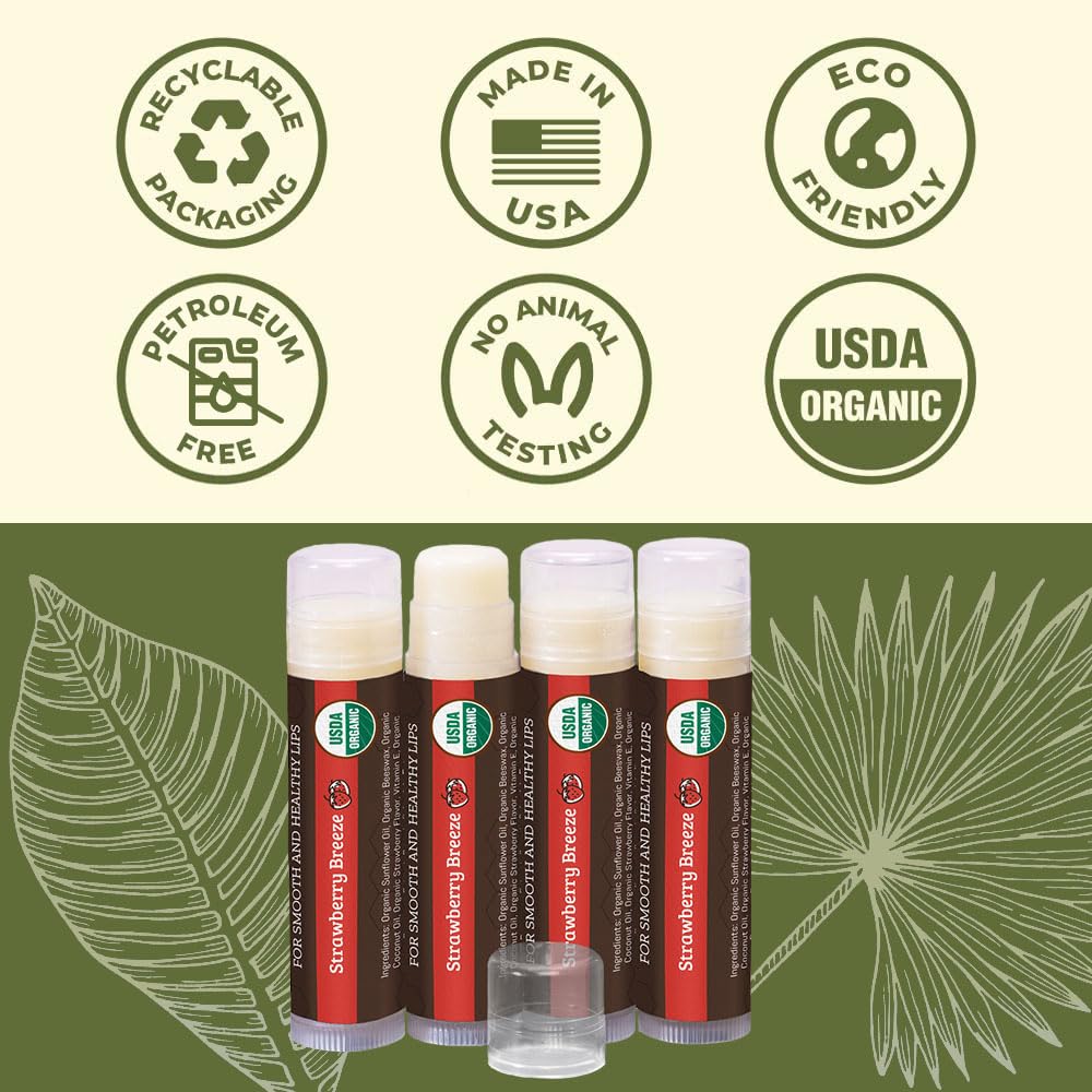 USDA Organic Lip Balm 6-Pack by Earth's Daughter Stocking Stuffers - Fruit Flavors, Beeswax, Coconut Oil, Vitamin E - Best Lip Repair Chapstick for Dry Cracked Lips - Moisturizing Lip Care