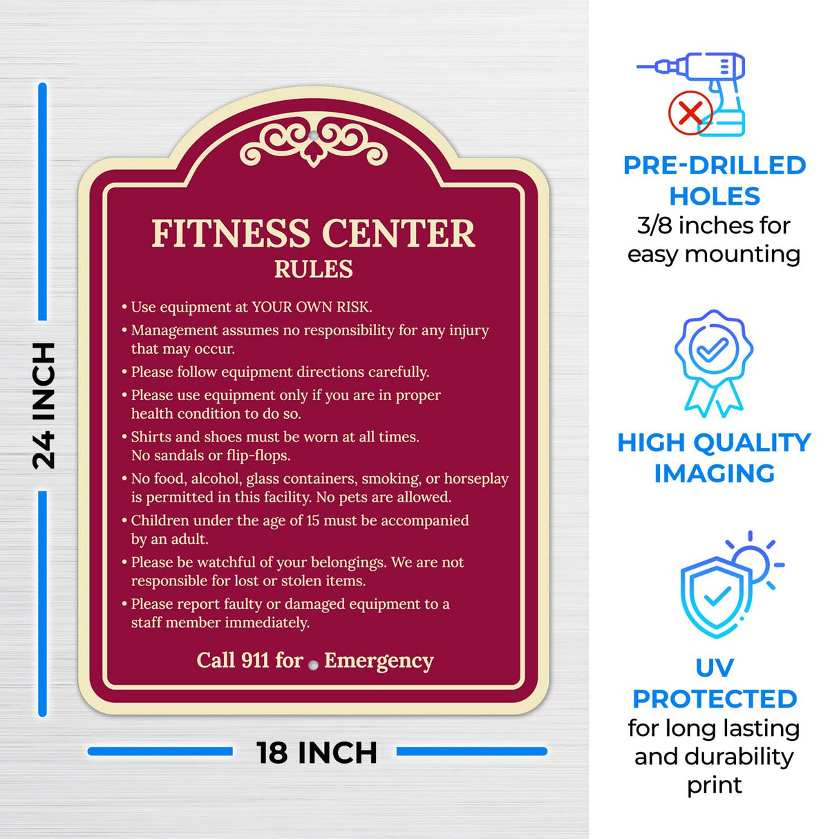 Sigo Signs, Fitness Center Rules Use Equipment at Your Own Risk Décor Sign, Green Light, 12x18 Inches, ACM, Fade Resistant, Made in USA