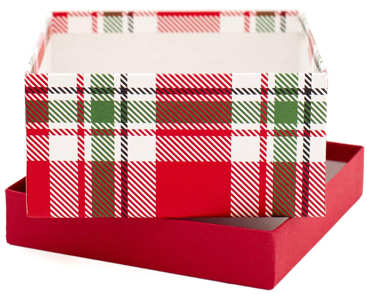 Made in USA Recycled Paper Kraft Boxes – 3.25”, 4.25” & 5.25” – Nested Squared Boxes with Lids (Small Set of 3 - Christmas Plaid)