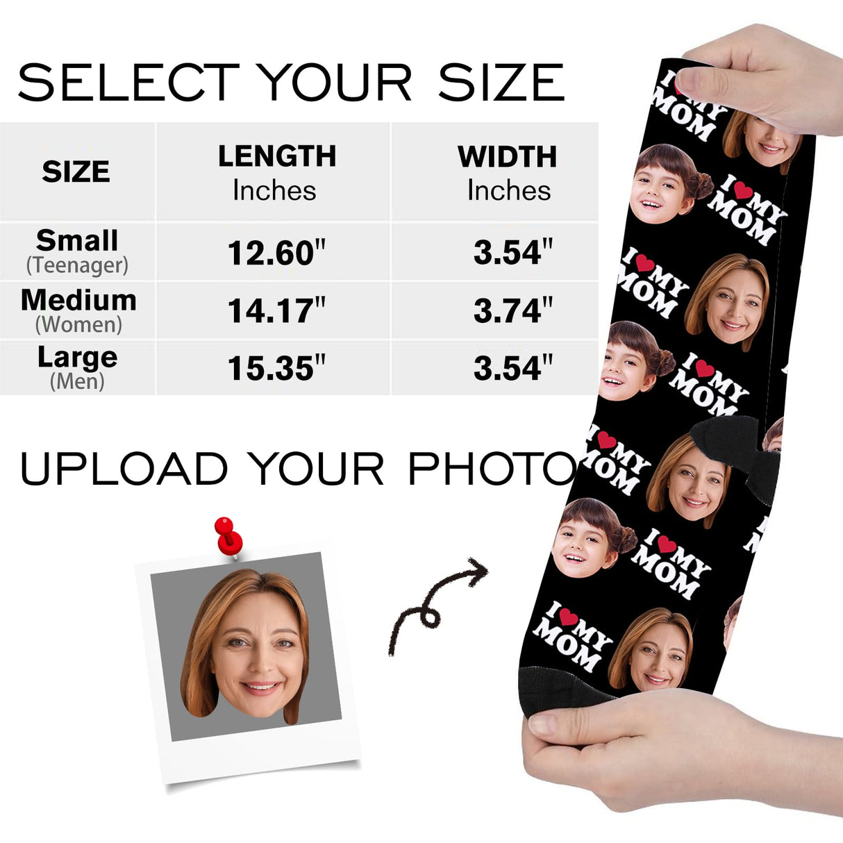 Custom Face Socks with Photo Novelty Crew Socks, Personalized Red Hearts Unisex Crew Sock Gifts for Men Women Made in USA