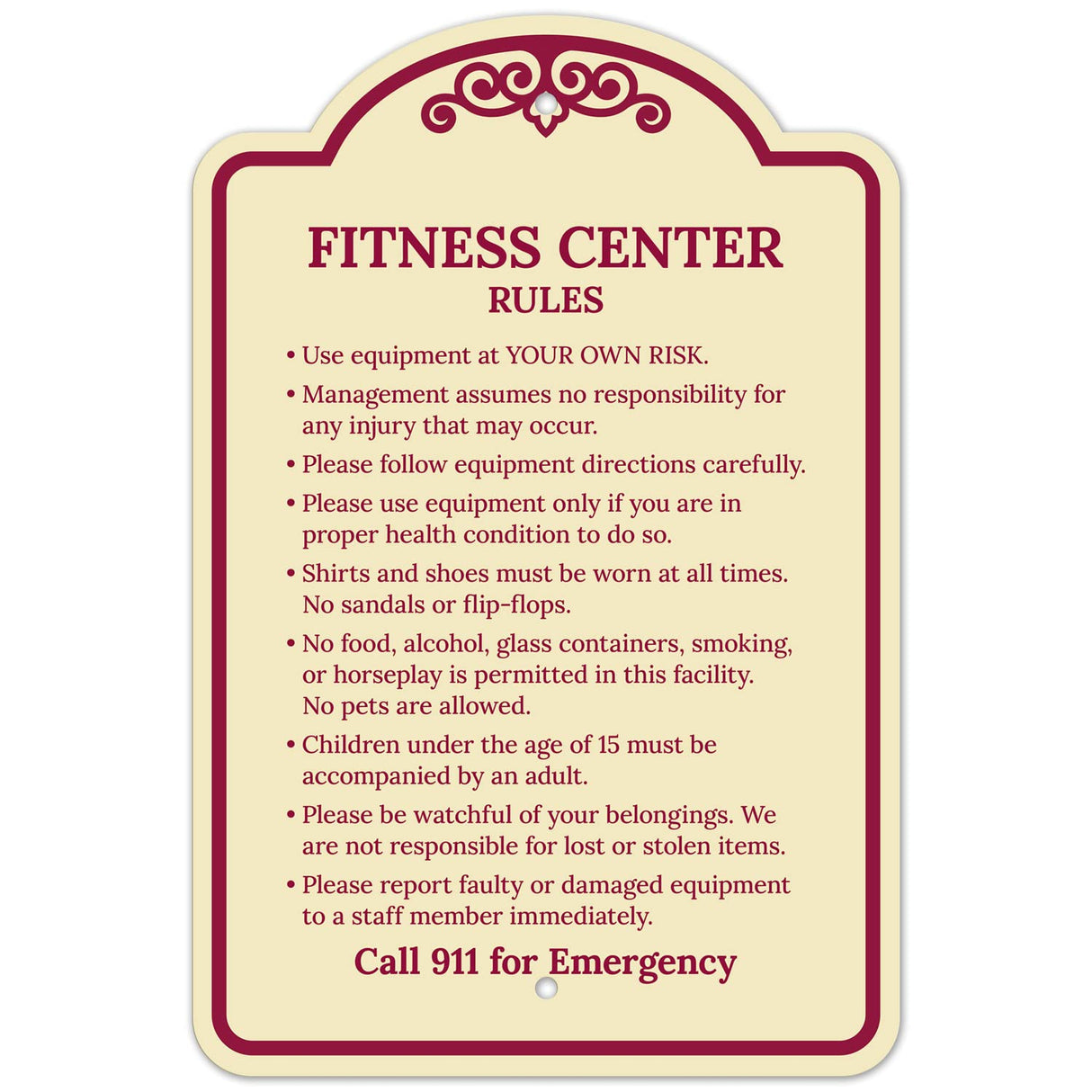 Sigo Signs, Fitness Center Rules Use Equipment at Your Own Risk Décor Sign, Green Light, 12x18 Inches, ACM, Fade Resistant, Made in USA