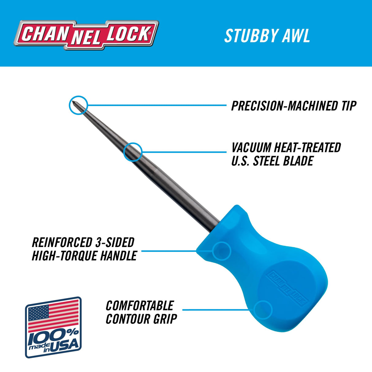 CHANNELLOCK SAW3H 3-inch Professional Scratch Awl Pick, Precision Machined Non-Magnetic, Made in USA, Molded Tri-Lobe Grip