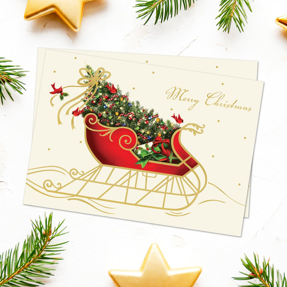 Masterpiece Sparkling Santa Christmas Cards / 16 Festive Holiday Cards Set With White Envelopes / 5 5/8" x 7 7/8" Winter Gold Foil Greeting Cards With Inside Verse/Made In The USA