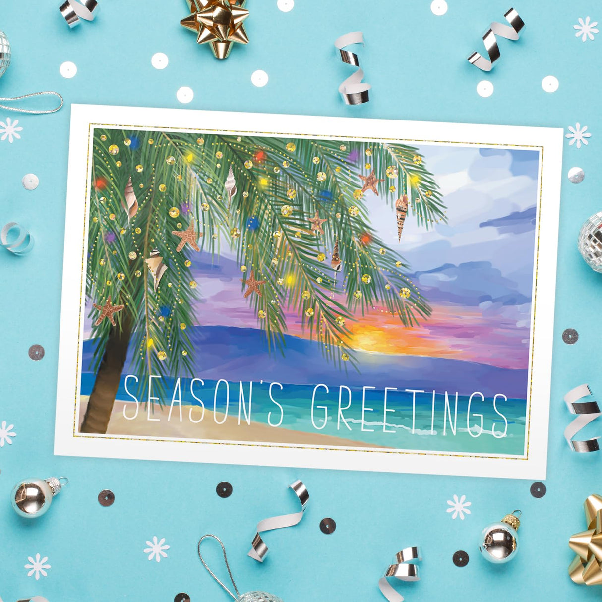 Masterpiece Sparkling Santa Christmas Cards / 16 Festive Holiday Cards Set With White Envelopes / 5 5/8" x 7 7/8" Winter Gold Foil Greeting Cards With Inside Verse/Made In The USA